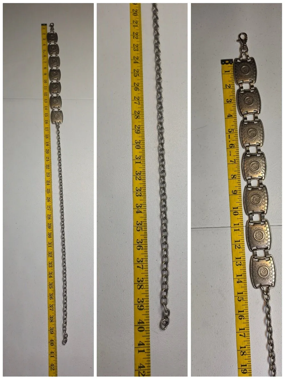 Vintage Rectangle Aztec Pattern Concho Chain Link Western Belt Silver Toned